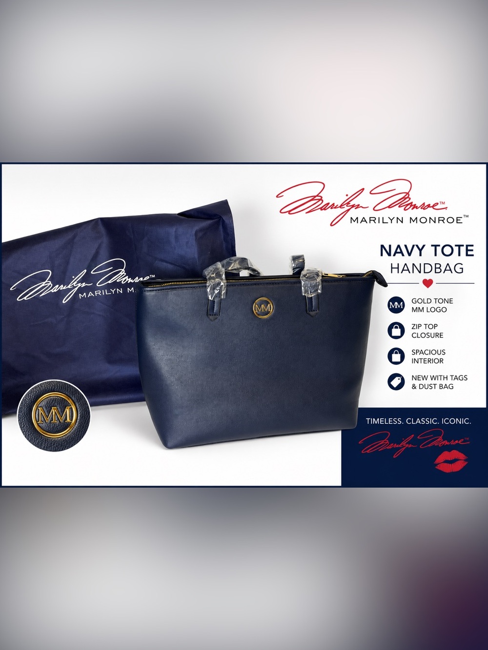 Marilyn Monroe Navy Pebbled Faux Leather Tote Bag NWT Gold Logo Zip Top Dust Bag